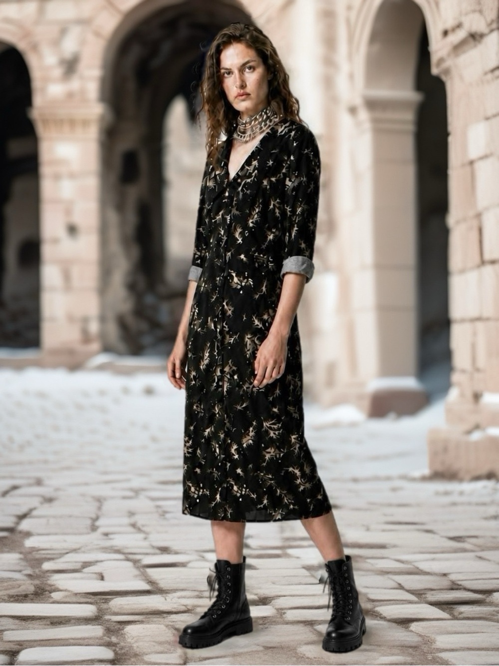Sweet Baby Jane Black Midi Dress with Beige Floral Print and Long Sleeves